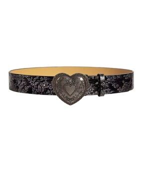 Western Woman Black Floral Heart-Buckle Faux Leather Belt Boho Style